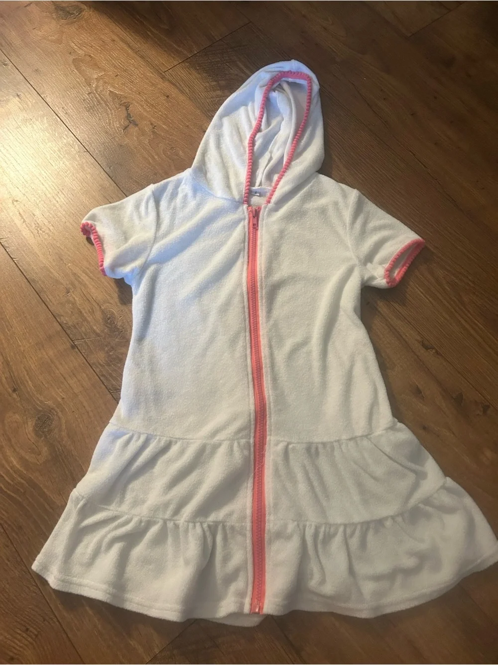 Girls White Hooded Zip Dress with Pink Trim
